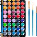 48 Color Solid Watercolor Paint Set with 3 Wooden Brushes - Non-Toxic, Vibrant & Washable Watercolor Kit for Artists, Children, Beginners, Kids - Portable Watercolor Painting Set for Travel & Studio