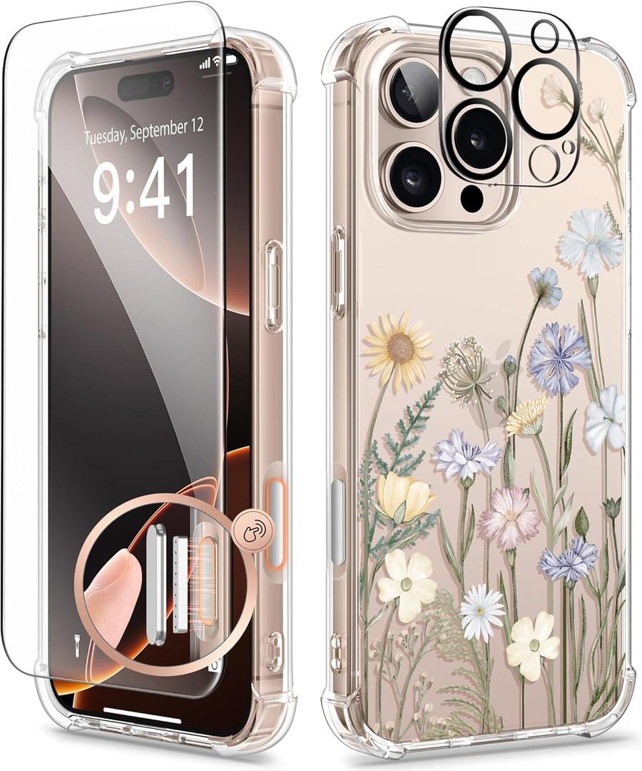 GVIEWIN for iPhone 16 Pro Case, with Screen Protector & Camera Lens Protector, Floral Shockproof Protective Bumper Slim Clear Phone Cover for Women 2024 6.3'', Vibrant Spring