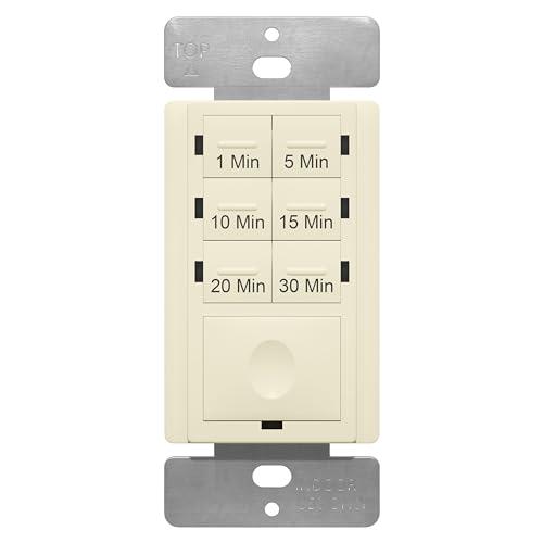 ENERLITES 30-Minute Countdown Timer Switch, 1-5-10-15-20-30 Min, for Bathroom Fans, Heaters, Lights, LED Indicator, 120VAC 800W, No Neutral Wire Required, UL Listed, HET06A-J-LA, Light Almond