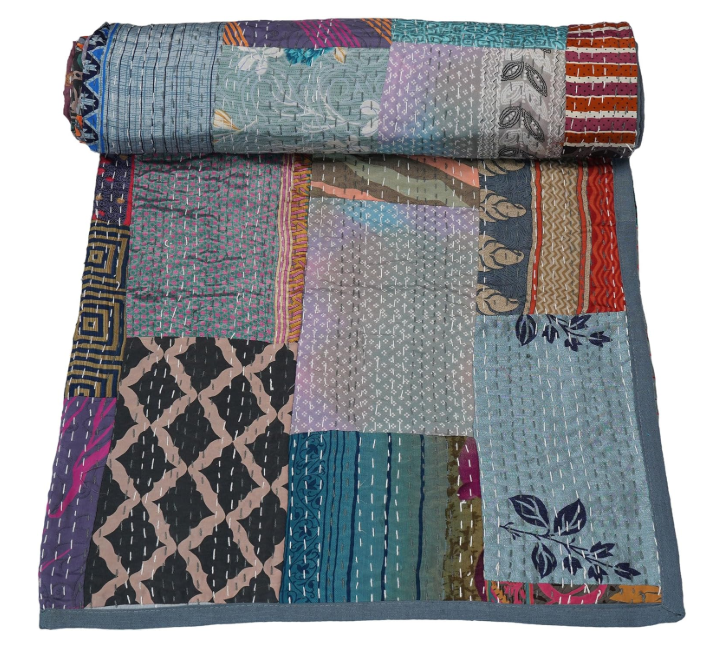 Marubhumi Handmade Cotton Quilts Kantha Blanket Indian Silk Sari Patchwork Quilts (Grey, Baby (40"x 60"))