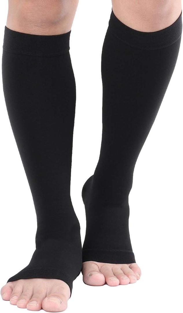 TOFLY Compression Stockings (Pair), Grade Firm Support 20-30mmHg, Opaque, Unisex, Open Toe Knee High Compression Socks for Varicose Veins, Edema, Shin Splints, Nursing, Travel, Black M