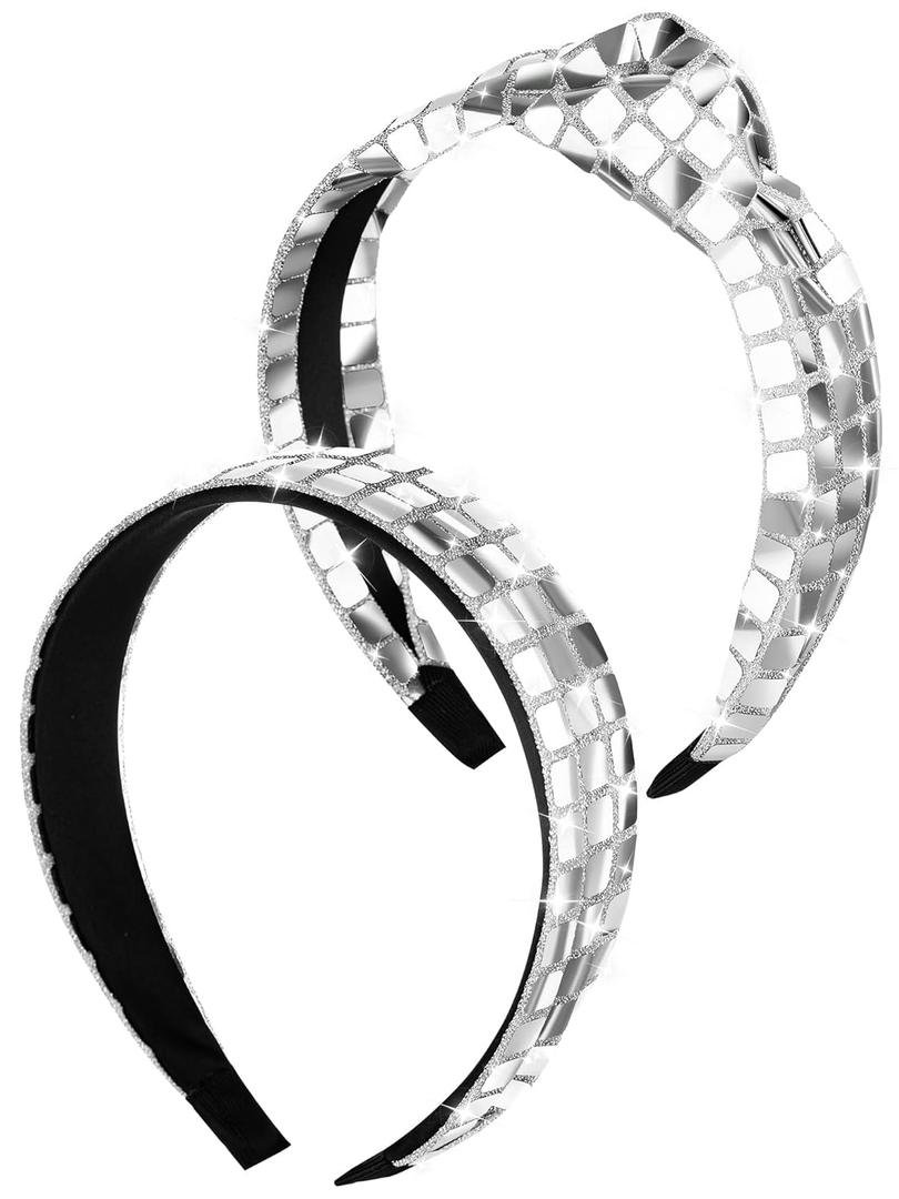 Hoteam 2 Pack Disco Headband 70s 80s 90s Retro Silver Headband Glitter Knotted Disco Headwear Wide Last Rodeo Headpiece Party Birthday New Years Eve Bridal Shower Bachelorette Supplies