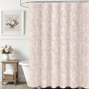 Pink Cotton Waterproof Extra Long Shower Curtain, Farmhouse Elegance Floral 84 Shower Curtains for Bathroom Decor, Chic Fabric Cloth Flower Leaves Shower Curtain 72" W x 84" L