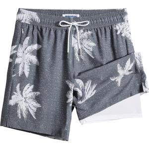 maamgic 2 in 1 Mens Swim Trunks 7 Inch Swim Shorts Swim Suits Board Shorts (Large, Gray-palm Tree)