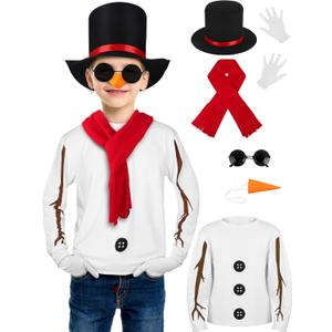 SOMSOC 8 Pack Snowman Costume kids Winter Frosty Costume Set with Hat Carrot Nose Glasses Scarf Gloves for Cosplay (11-12 Years)