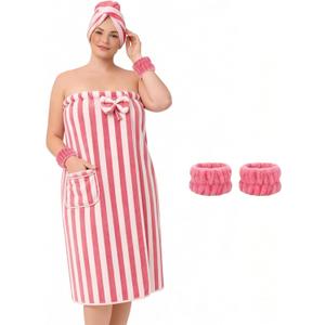Defresit Plus Size Women's Towel Wrap (XXL-XXXXL) with Hair Towel Wristbands Lightweight Shower Wrap Spa Bathrobe Body Wrap Adjustable Quick-Dry Comfortable Bath Towel Set Machine Washable Coral Pink