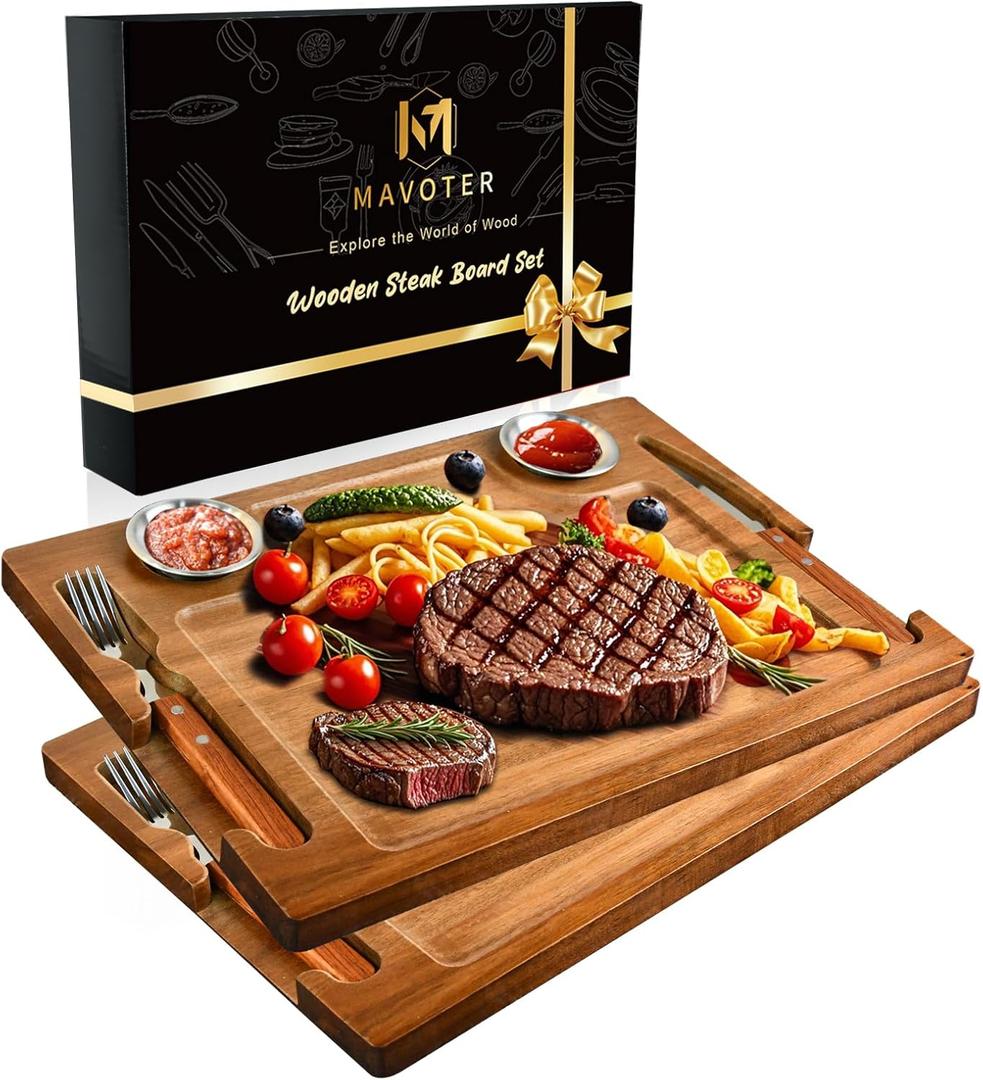 2 PCS Acacia Wooden Steak Board - 15 Inches Steak Cutting Plate Board with Fork, Knife and Ramekins (2 Set)