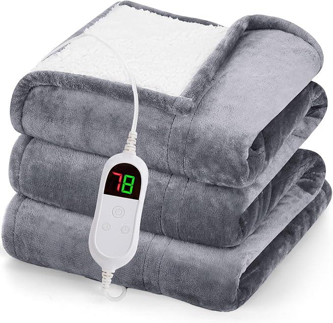 greenoak Heated Blanket Electric Twin 62"X84", Heating Blanket with 10 Heat Levels 1/2/4/6/8 Hours Auto-Off, Fleece Soft Christmas Blanket,Gifts for Grandma Seniors Mom,Misty Grey