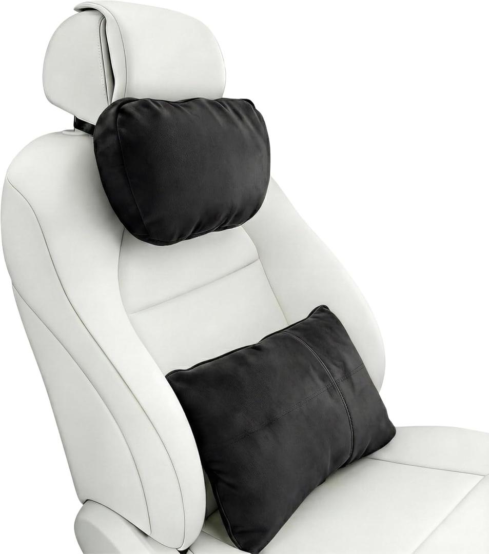 2PCS Car Pillow for Car Neck Pillow for Driving Seat Neck Support Soft Cushion Back Support Head-Rests for Vehicle Sleeping with Elastic Adjustment Strap (Black, Head and Lumbar)