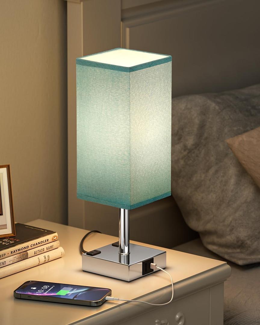 Touch Bedside Table Lamp For Nightstand - 3-Way Dimmable Night Lamp with USB A + Type C Charging Ports and two AC Outlets, Small Desk Light with E26 Bulb for Bedroom Living Room Dorm, Turquoise (14.0in, Turquoise & Silver)