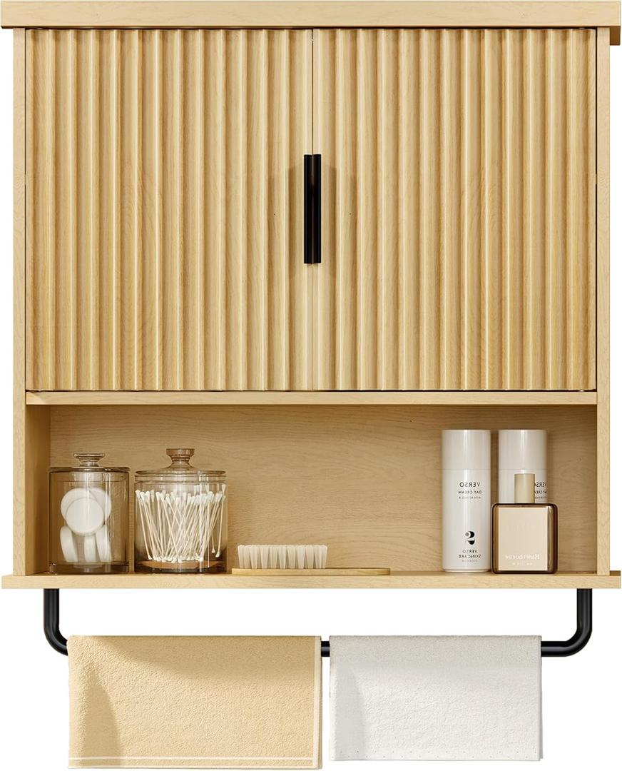 VASAGLE MAXE Collection - Bathroom Cabinet Wall Mounted, Over Toilet Hanging Cabinet with Adjustable Shelf, Towel Bar, Fluted Doors, 7.9 x 23.6 x 28.7 Inches, Transitional, Oak Beige UBBK135Y01S