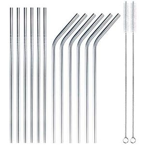BambooMN Reusable Stainless Steel Metal Drinking Straws - 8"/8.5" (4 Thin Straight/4 Bent Straws) w/ 2x Cleaning Brushes - 8 Pack