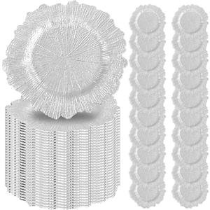 50 Pcs Silver Charger Plates 13" Round Charger Plates Bulk Reef Chargers for Dinner Plate Decorative Silver Plastic Chargers Plate for Wedding Party Event Baby Bridal Shower Dinner Table Decoration