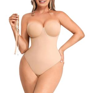 SHAPELLX Shapewear Bodysuit for Women Tummy Control Strapless Body Suit Faja Body Shaper Thong,Medium