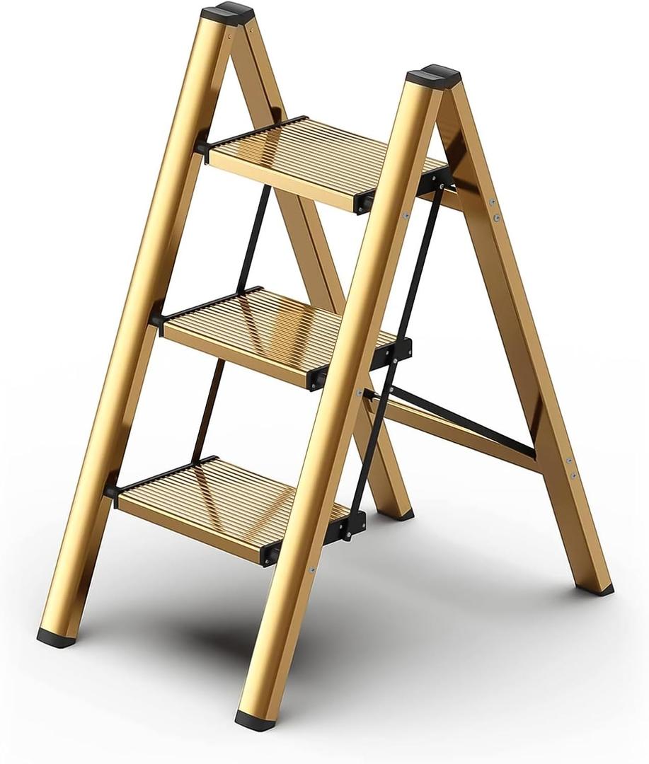 hismocal Foldable 3 Step Stool for Closet/Kitchen-Aluminium Gold Step Ladder Stools, Folding 330lbs Lightweight Ladders with Anti-Slip Wide Pedal, Portable Kids/Adults