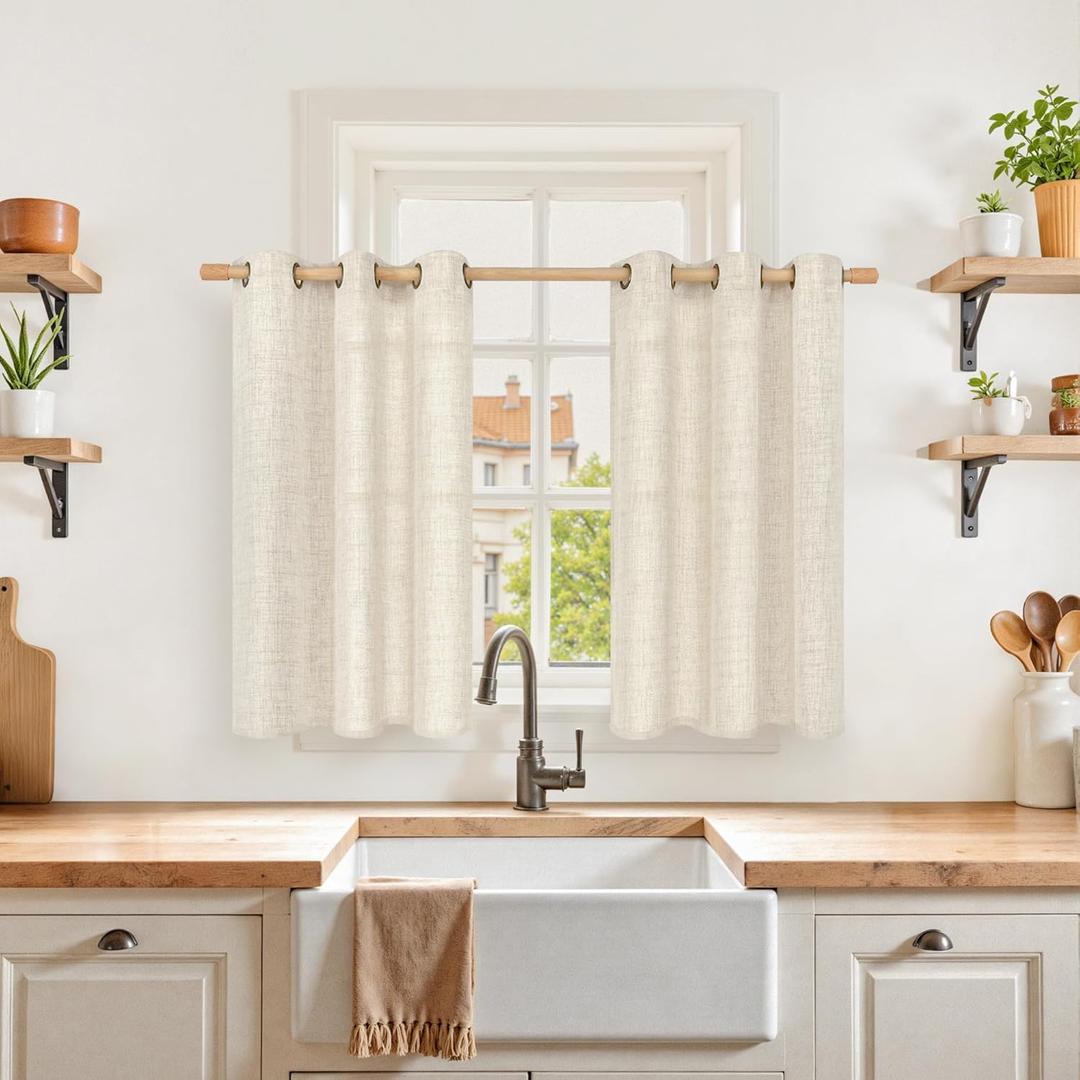 YoungsTex Linen Cafe Curtains 36 Inch Length 2 Panels, Short Half Window Drapes Light Filtering with Bronze Grommet Privacy for Bathroom Kitchen Window Decorative, 34 x 36 Inch