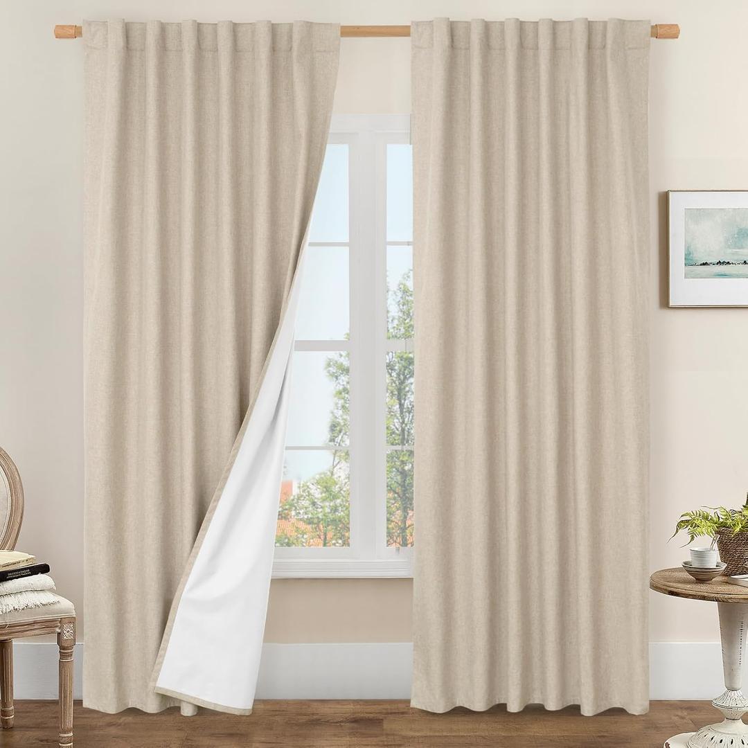 LAMIT 100% Blackout Linen Curtains, 84 Inch Linen Textured Living Room Farmhouse Curtains Room Darkening Back Tab and Rod Pocket Burlap Neutral Panels with White Liner, 2 Panels, 52 x 84 Inch