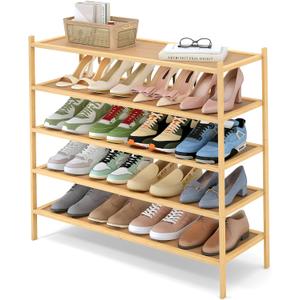 Smiry Bamboo Long Shoe Rack, 5 Tier Shoe Organizer for Entryway & Closet, Stackable Free Standing Storage Shelf for Shoes, Bags & Plants, Natural