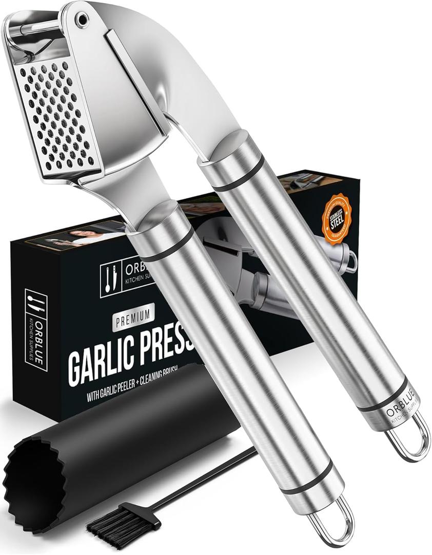 ORBLUE Garlic Press Stainless Steel - Premium Professional Grade Garlic Mincer, Crusher & Peeler Set - Easy Clean, Dishwasher Safe & Rust-proof (Ageless Silver)