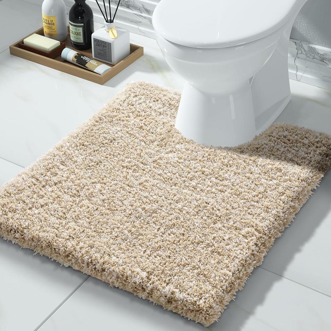 Yimobra Toilet Rugs U Shaped 24x20, Ultra Soft and Water Absorbent Bath Mats, Non Slip Fluffy Luxury Microfiber Contour Bath Rugs for Toilet, Dry Quick, Machine Washable, Light Beige and White