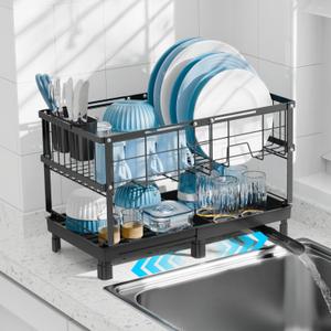 GSlife Large Dish Drying Rack - 2 Tier Dish Rack for Kitchen Counter, Expandable Capacity Dish Drainer Rack with Removable Cutlery Holder, 15.7''-20.7''L x 9.8" D x 13.4" H, Black