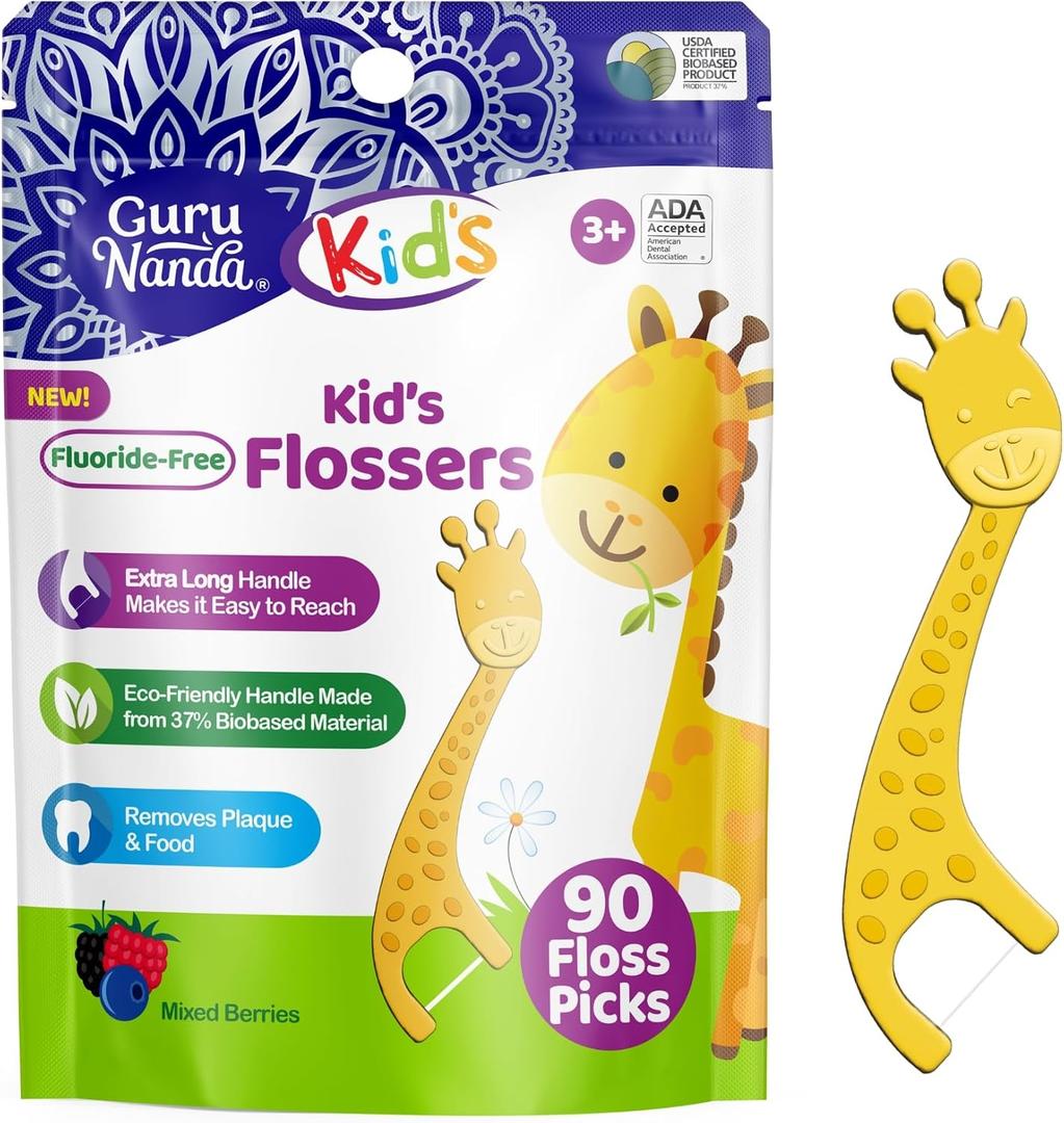 GuruNanda Dental Floss Picks for Kids, Extra-Long Giraffe-Shaped Picks, Fluoride-Free, Anti-Slip & Shred-Resistant Design & Eco-Friendly Handle & Berry Flavor, Ideal for Ages 3+, 90 Count (Pack of 1)