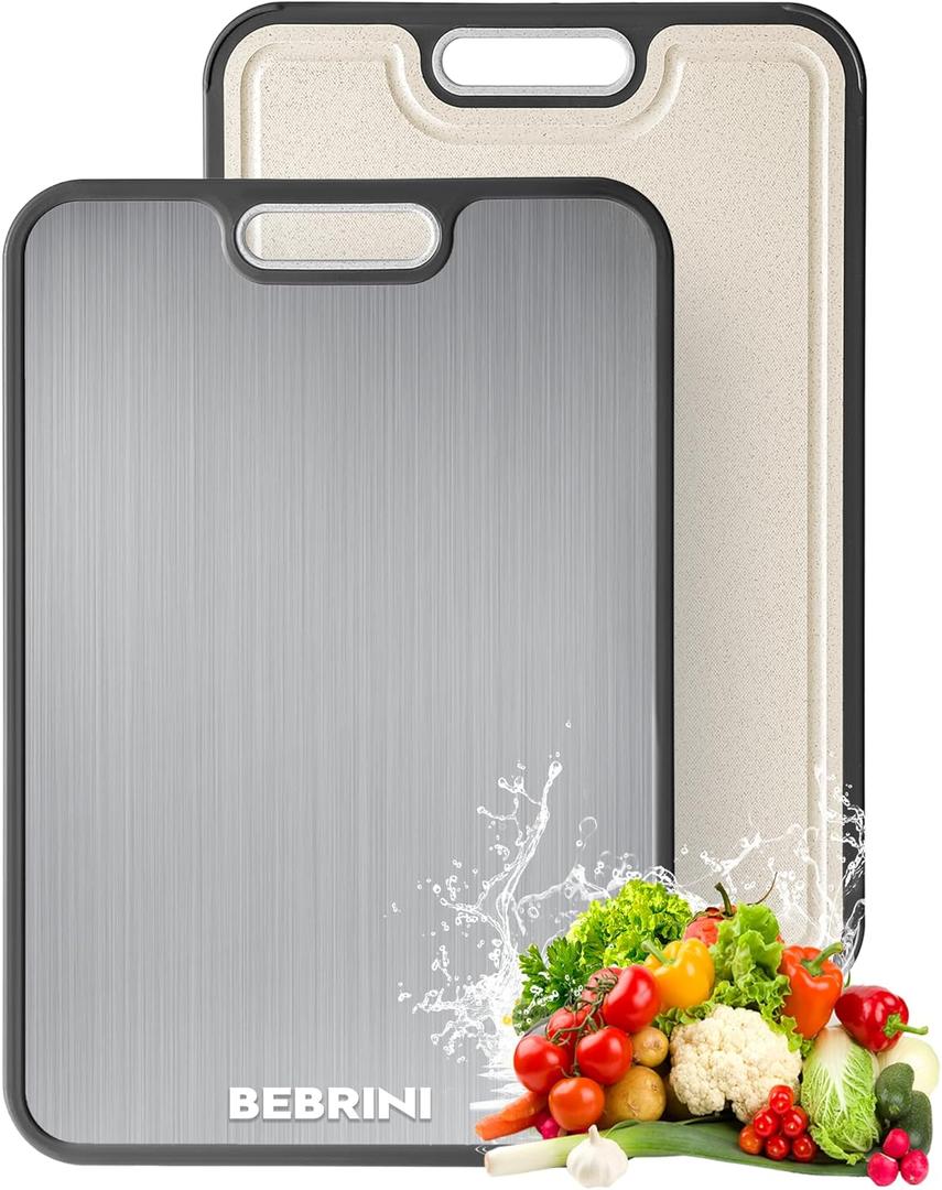Titanium Cutting Board for Kitchen, Non Toxic Stainless Steel Cutting Board Double Sided, Food Grade Pure Titanium & Wheat Straw PP, Meat & Vegetable Chopping Boards, Scratch Resistant, Large 1611