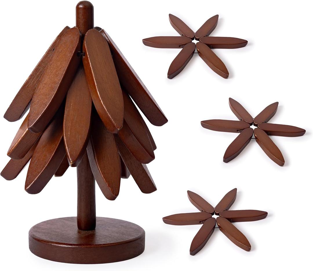 Wooden Trivets for Hot Dishes, Tree Shape Set, Best for Hot Dishes - 3 Wooden Trivets + 1 Stand stored Like a Christmas Tree (Deep Brown Wood)