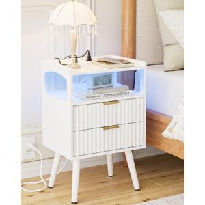 Nightstand with Charging Station and LED Lights,Modern Bedside Table with 2Drawer and Open Shelf,White Night Stand with Solid Wood Legs,End Table for Living RoomBedroom and Small Spaces