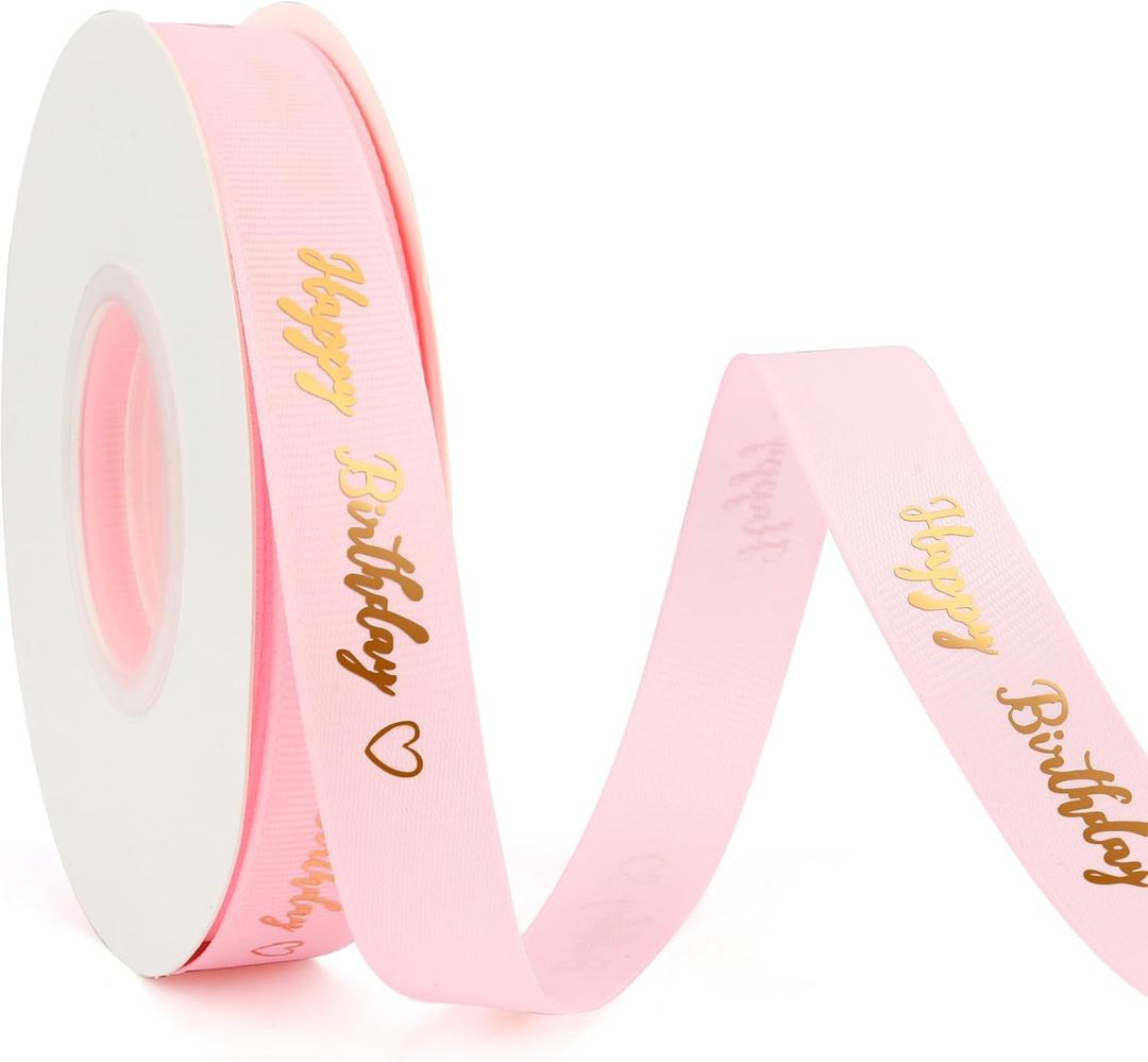 Happy Birthday Pink Ribbon 5/8 Inch 25 Yards - Gift Wrap, Cake Decorations, Flower Bouquet - Feliz Cumpleaos