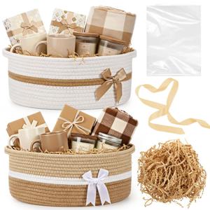 Colingmill 2 Pack Mothers Day Small Woven Basket with Bow and Handle 14 x 10 x 5.5 Inches Gift Basket with Raffia Paper Fill for Graduation Wedding Birthday Baby Shower Party Favor(Khaki and White)