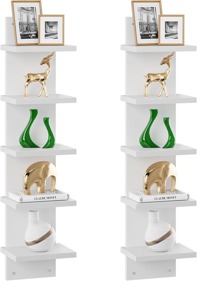 IBUYKE 5-Tier Modern Wall-Mounted Shelf, White Vertical Shelf, Floating Storage, Organizer, Tall Tower Design, Decorative Wall Mount Shelving for Home, Bedroom, Living Room, Office Decor WBC009W-2