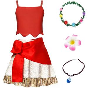 WonderBabe Girls Princess Costume Toddler Kids Theme Birthday Outfits Halloween Dress up Two-Pieces Crop Top Tassel Skirt Set (5-6 Years, Red)