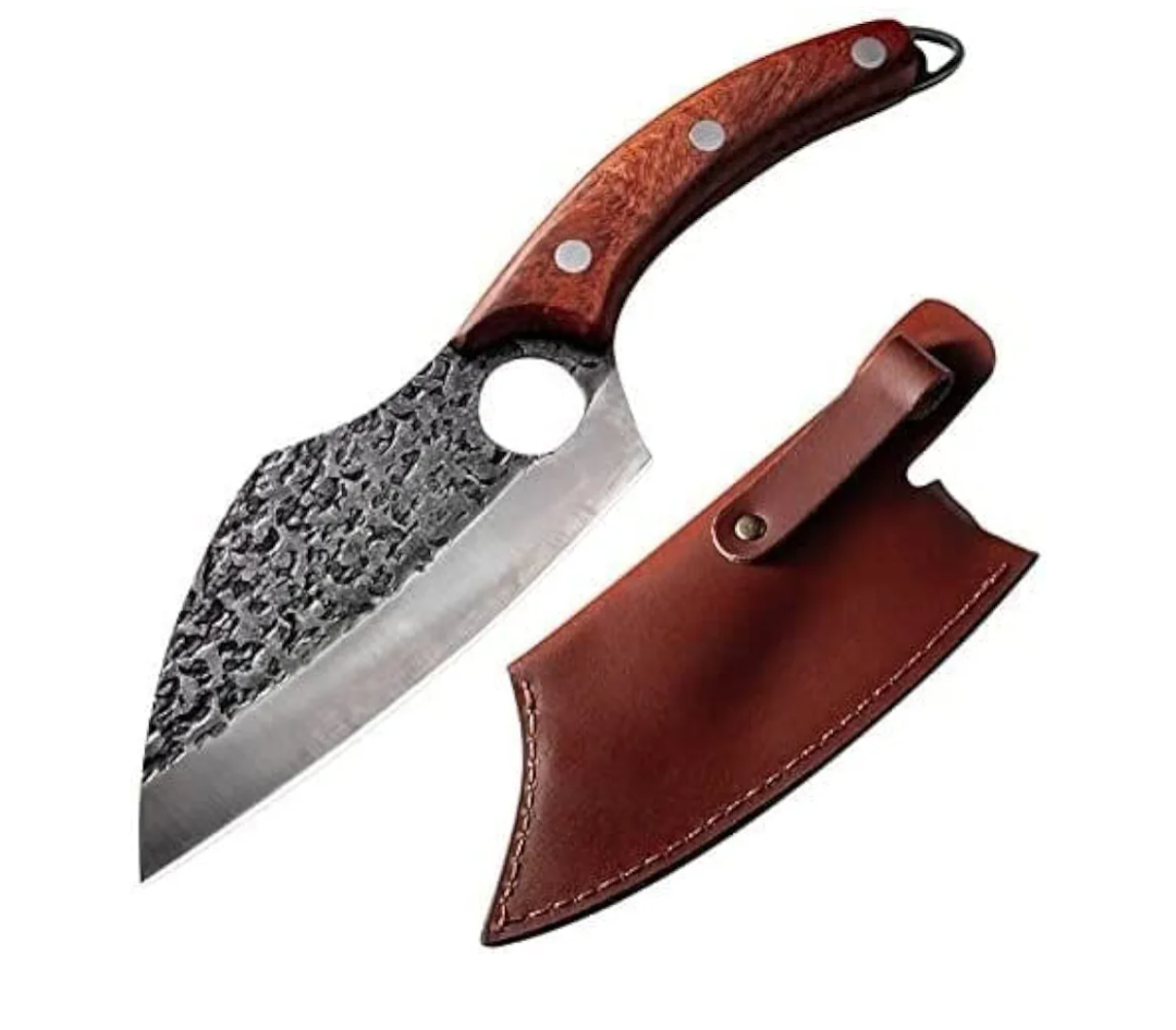 TIVOLI Meat Cleaver Knife, Hand Forged Full Tang Butcher knife for Meat Cutting, High Carbon Steel Viking Knife with Sheath for Kitchen Outdoor Camping BBQ Father's Day Christmas Gift Men Women
