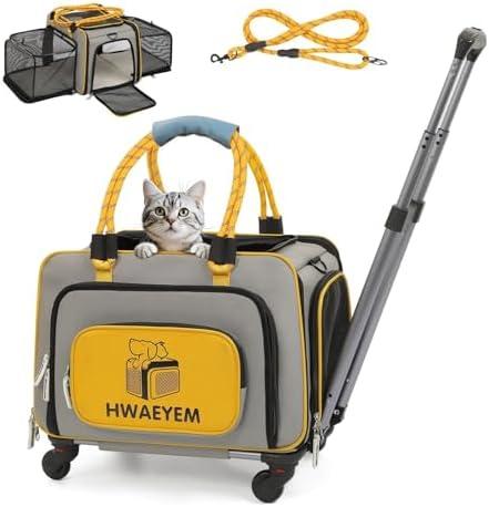 Pet Dog Carrier with Wheels, 2 Sides Expandable Dog Carriers for Small Dogs and Cats, Breathable Travel Carrier for Pets up to 20 LBS, Shoulder Strap as Dog Leash