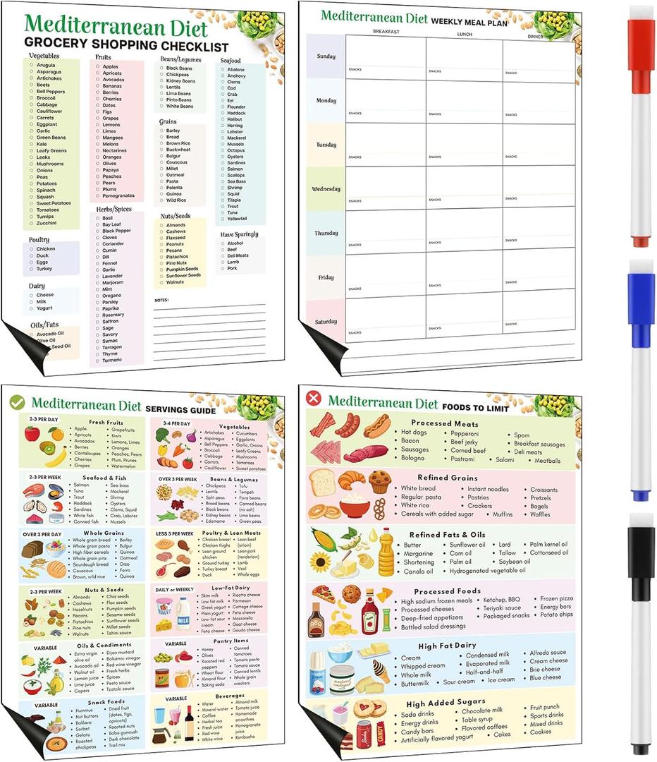 Xuhal 4 Pcs Magnet Mediterranean Diet Grocery Lists Chart 8.3 x 11 Food Portion Recommendation Chart Magnetic Recommended Food Journal Daily Meal Plan and 3 Dry Erase Pens