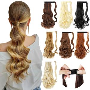 FELENDY 18" Ponytail Extension Curly Wavy Clip in Hairpiece Wrap Around Long Pony Tails Hair Extensions Synthetic for Women Light Brown mix Light Auburn