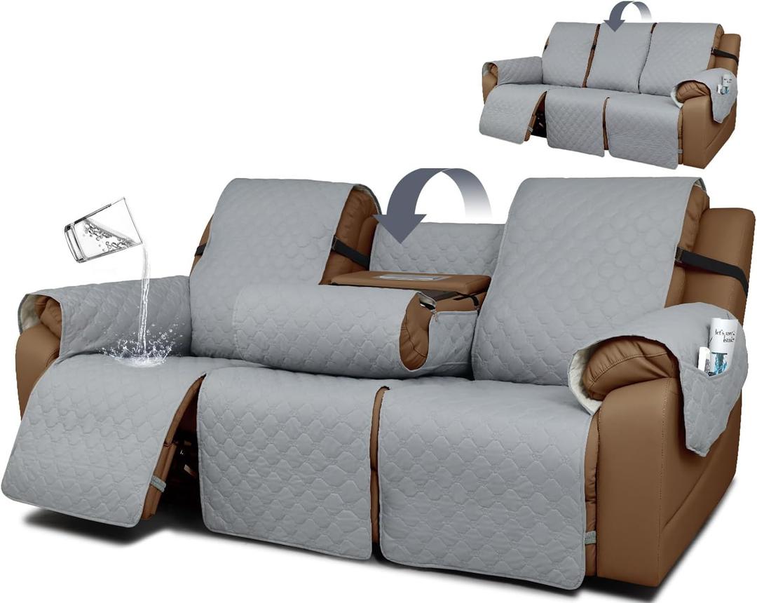 Waterproof Recliner Sofa Covers with Flipped Middle Backrest Washable Recliner Couch Covers Non-Slip with Elastic Straps Furniture Protector for Kid Dogs Pets (Light Grey)