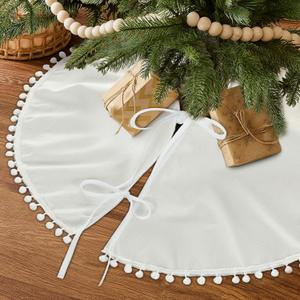 Syhood 30 Inch Christmas Tree Skirt White Xmas Linen Burlap Tree Skirt Base Cover with Pom Trim for Xmas Winter Home Decorations Holiday Family Party All Year