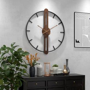 Modern Walnut Dial Wall Clock, Wood Large Wall Clock Decor Metal Frame Silent Non Ticking for Living Room, Bedroom, Kitchen, Study Decoration, Handmade Home Present Idea, 24 in 60 cm (2. X-Large (60cm))