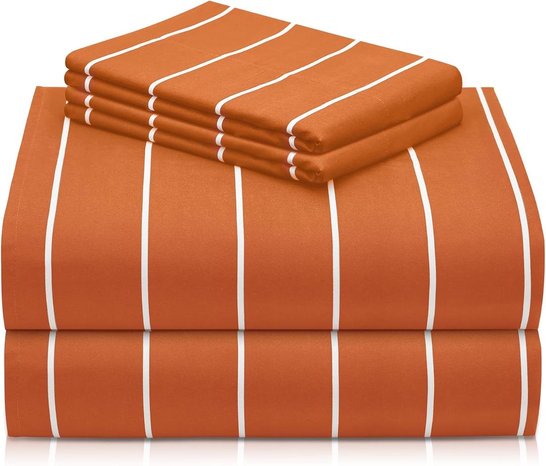 LuxClub 4 PC Sheet Set Bed Sheets Deep Pockets 16" Wrinkle Free Cooling Machine Washable Hotel Bedding Silky Soft - Striped-Autumn Orange King