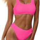 YIMISAN Women's Ribbed Two Piece Bikini Sets Wide Shoulder Strap Top Swimsuit with Mid Waist Cheeky Bathing Suit, Size: Small