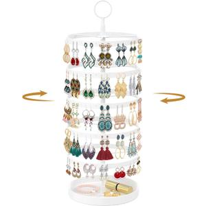 MODOWEY 5 Tier Rotating Earring Holder Organizer, Adjustable Display Tree with Metal Tray, 220 Holes Jewelry Rack for Pierced Stud Hoop Dangle, Large Capacity Space-Saving Stand for Women (White)