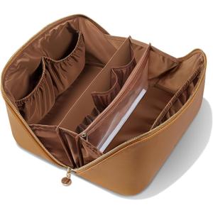 Travel Makeup Bag, Large Capacity Cosmetic Bags for Women, Waterproof Portable Pouch Open Flat Make up Organizer Bag with Dividers and Handle, Toiletry Bag for Essentials