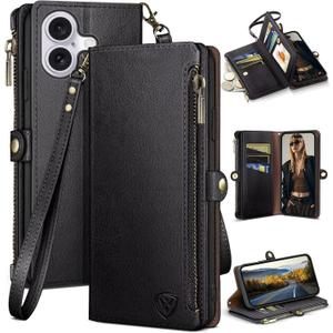 XcaseBar Compatible with iPhone 16 Plus 6.7" Wallet case with Zipper Credit Card HolderRFID Blocking,Flip Folio Book PU Leather Phone case Shockproof Cover Women Men for Apple 16 Plus case Black