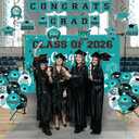 2026 Graduation Decorations, Teal Graduation Decorations Set with Congrats Grad Banner & Backdrop, Porch Sign, Hanging Swirls, Balloons, Honeycomb Centerpieces for Congrats Grad Party Decorations