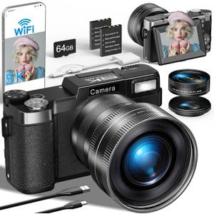FLATIC 5K Digital Camera with WiFi, Cameras for Photography with 180Flip Screen, Vlogging Camera with 64GB Card, Battery, Camera for Beginner, Teens