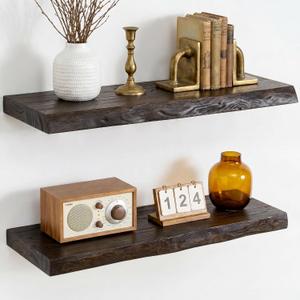 Dreamland 24 Inch Floating Shelves, Rustic Elm Wood Live Edge Wall Shelf for Home Decor, 8 Inch Deep Floating Shelf for Wall, 24 x 8 Bathroom Shelves Set of 2, Walnut Color