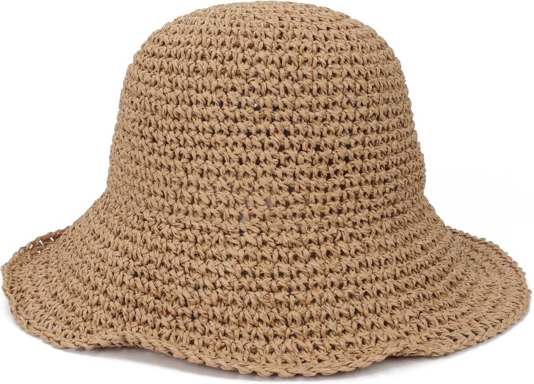 Womens Crochet Straw Sun Hat with Wide Brim Soft Foldable Floppy Beach Hat for Summer (Beige)