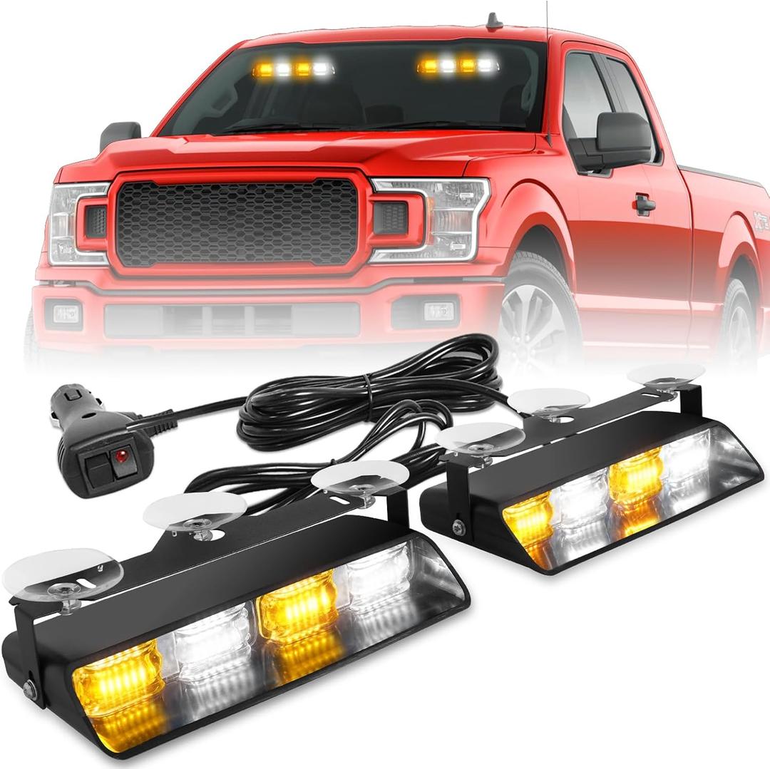 HLauto 2002L Emergency Dash Strobe Lights: Amber White Safety Lights, Flashing Warning Hazard Windshield Visor Traffic Light Bars for Trucks, Construction Vehicles (2x8.5 inch, 48LED)
